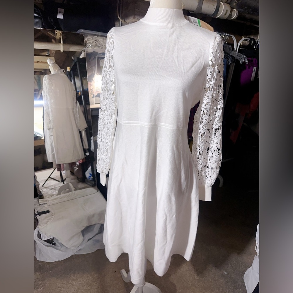 HAILEY LYN white ivory floral hollow long sleeve sweater dress crewneck knee